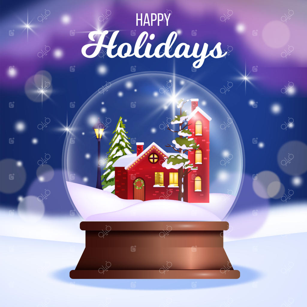 تصویر زمستانی کریسمس و سال نو با توپ بلورین برفی، خانه قرمز کوچک، درخت کاج. کارت پستال تعطیلات کریسمس با گوی شیشه‌ای، کاج و برف. بنر جشنواره‌ای با یادبود گوی بلورین.