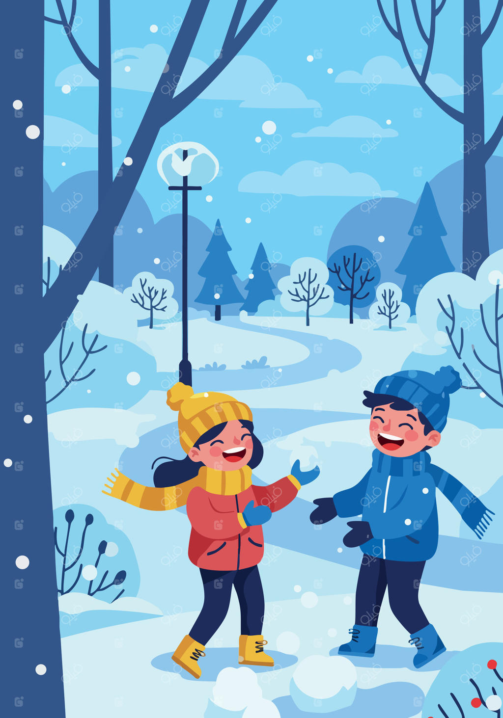 تصویرسازی بازی کودکان در منظره زمستانی برفی با درختان و تیر چراغ برق