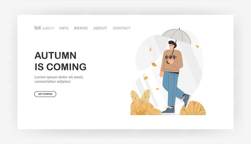 شخصیت مرد جوان با چتر در پارک پاییزی قدم می‌زند.