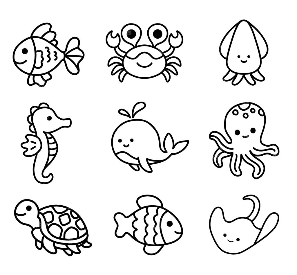 مجموعه‌ای از حیوانات بامزه دریایی: طرح‌های دست‌کشیده برای کتاب رنگ‌آمیزی کودکان به مناسبت روز جهانی شادی