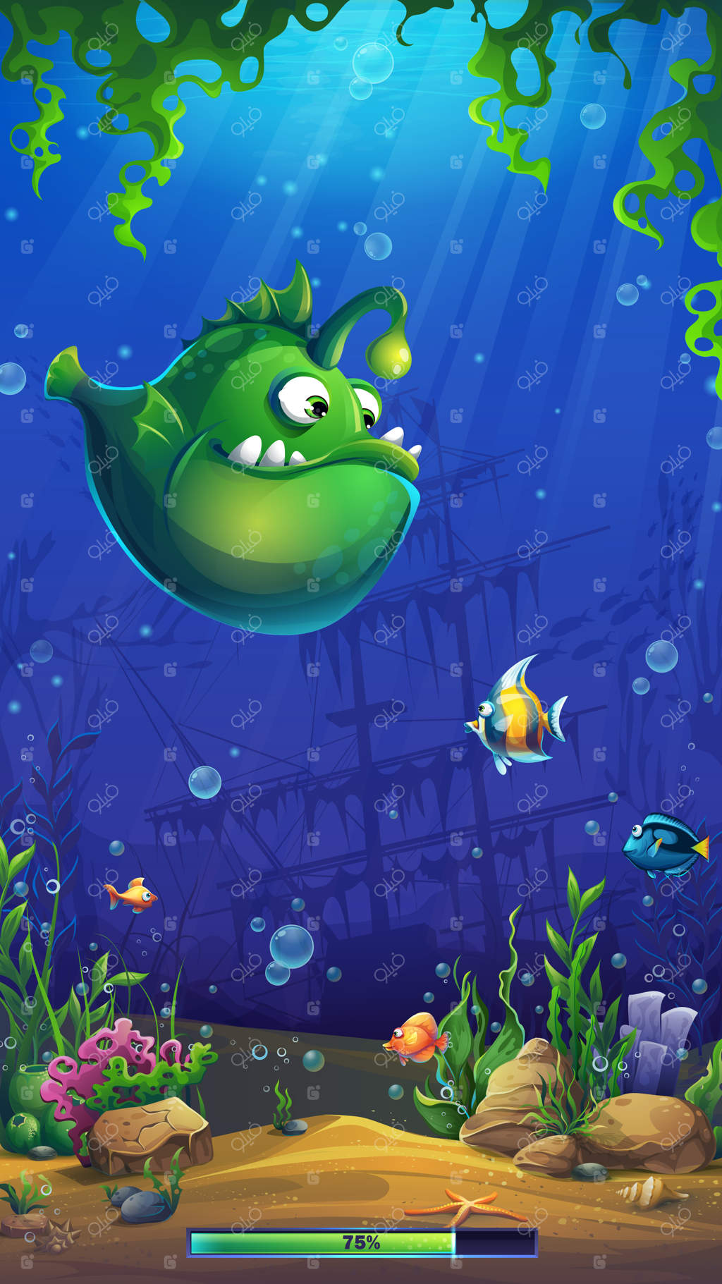تصویرسازی کارتونی رنگارنگ از صفحه بارگذاری بازی کامپیوتری زیر آب