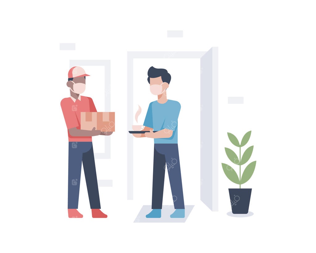 تصویر رساننده بسته به خانه مشتری و پذیرایی با قهوه داغ به عنوان قدردانی از سوی صاحب خانه