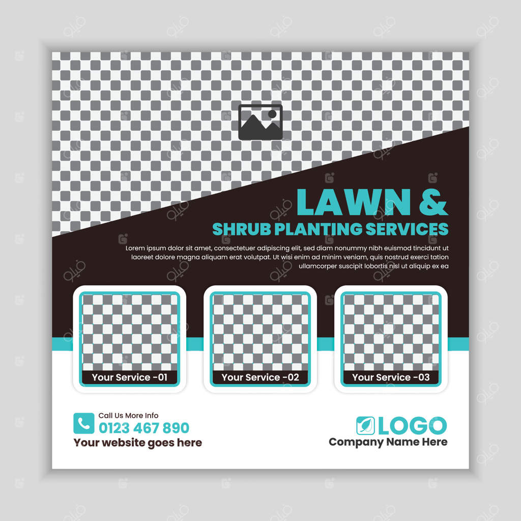 قالب پست شبکه‌های اجتماعی برای خدمات حرفه‌ای نگهداری از چمن و محوطه‌سازی، طراحی بنر وب برای نگهداری از باغ، خدمات فضای باز و قالب فلایر مربع بازاریابی آنلاین فضای سبز