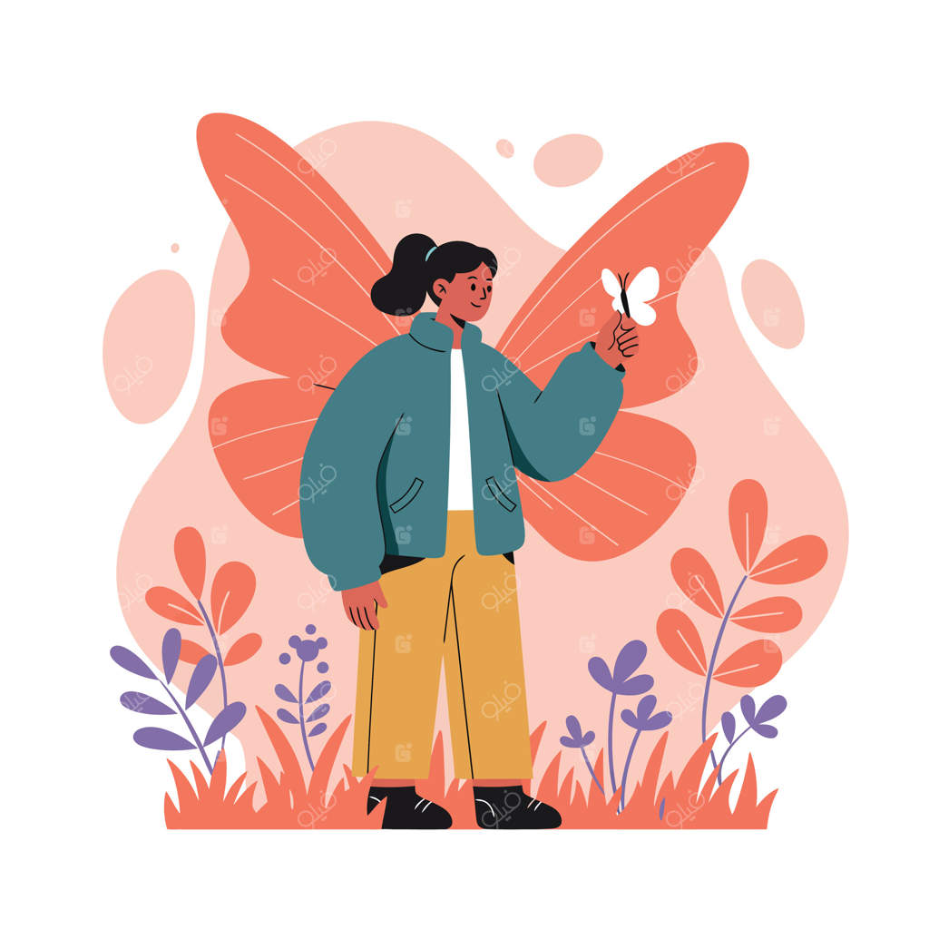 زن جوانی که پروانه‌ای با بال‌های بزرگ نارنجی در دست دارد و در باغ گل‌ها ایستاده است - تصویرسازی