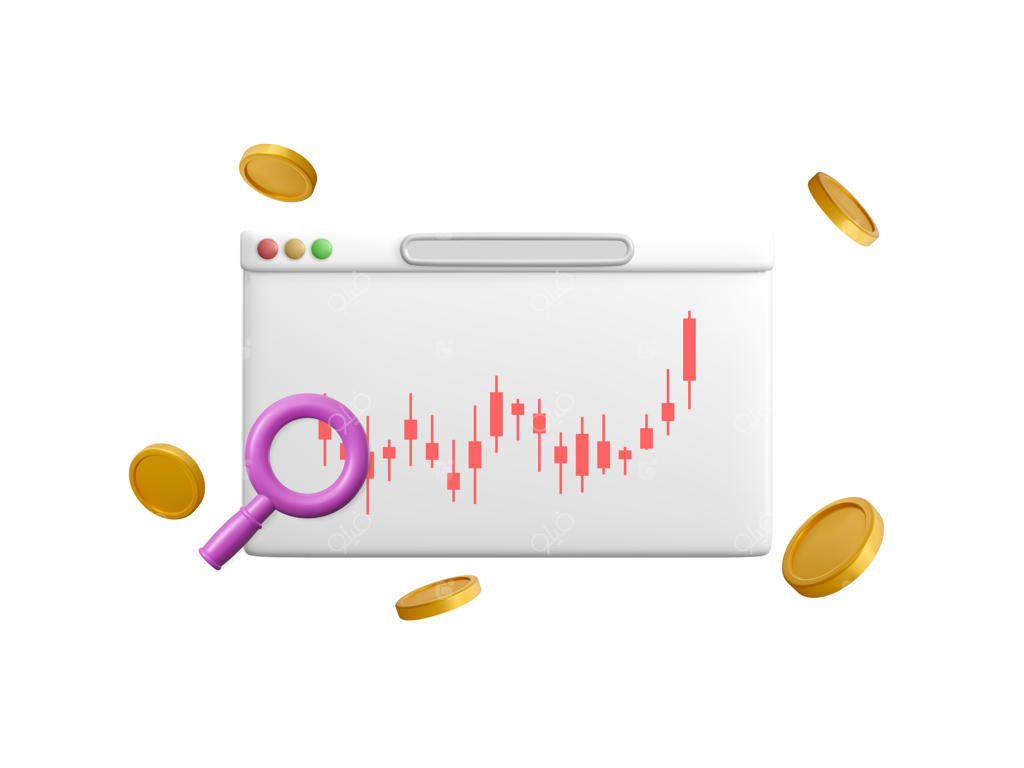 تجارت آنلاین سه‌بعدی با نمودار در مرورگر - مرورگر سه‌بعدی با نمودار کسب و کار و سکه‌های در حال پرواز - نماد تجارت برای سرمایه‌گذاری در کسب و کار - تصویرسازی وکتور