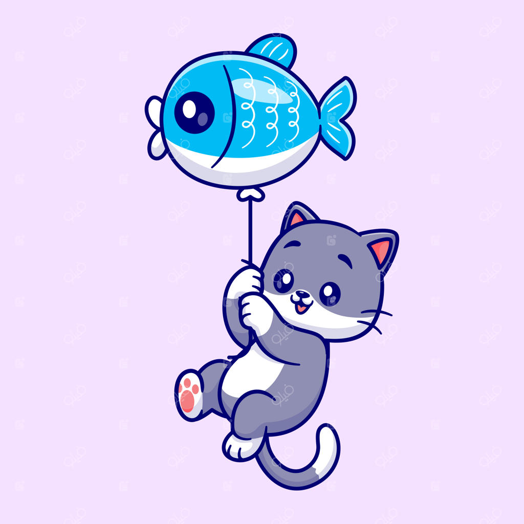 تصویر کارتونی گربه بامزه‌ای که با بادکنک ماهی پرواز می‌کند. آیکون طبیعت حیوانات به صورت تخت و مجزا