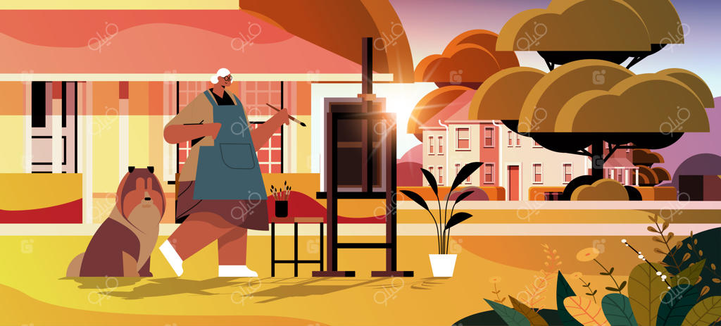 هنرمند سالمند به همراه سگ در حال نقاشی در حیاط پشتی - مفهوم یک سرگرمی خلاقانه - تصویر برداری افقی کامل