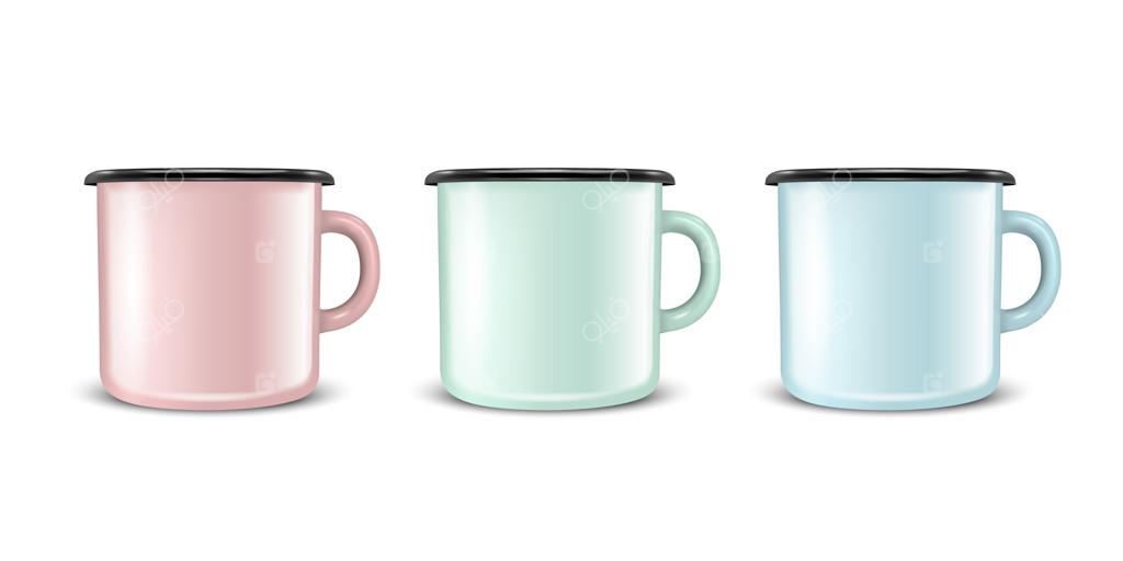 ماگ های فلزی سفید با طرح سه بعدی و رنگ های صورتی، سبز و آبی - قالبی برای طراحی و نمایش