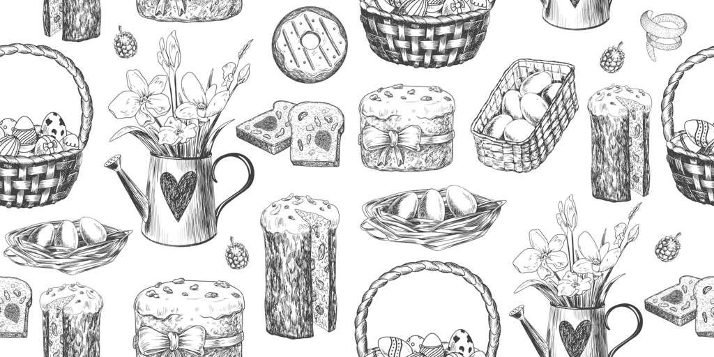 پترن یکپارچه عید پاک با عناصر طراحی عید پاک. طرحی از کیک عید پاک، سبد تخم‌مرغ، لانه، کوکی و پازکا. آب‌پاش گل در باغ. پس‌زمینه سیاه و سفید فصلی