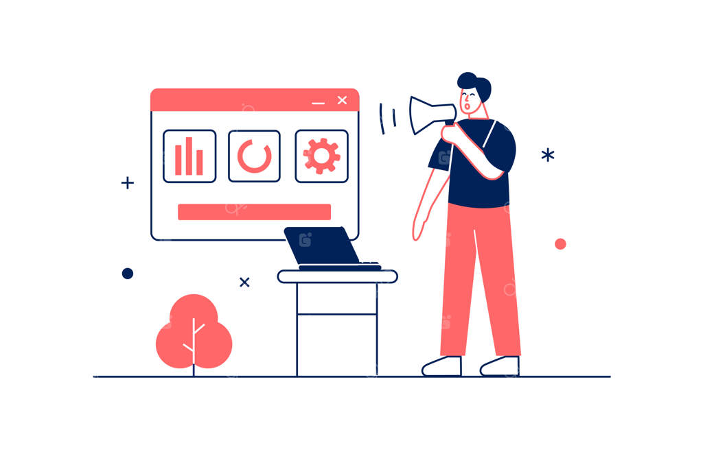 مفهوم بازاریابی دیجیتال به سبک طراحی خطی با صحنه‌ای از مردم: مردی با بلندگو تبلیغ می‌کند و محتوای ویروسی را در شبکه‌های اجتماعی به اشتراک می‌گذارد. تصویرسازی وکتور برای وب