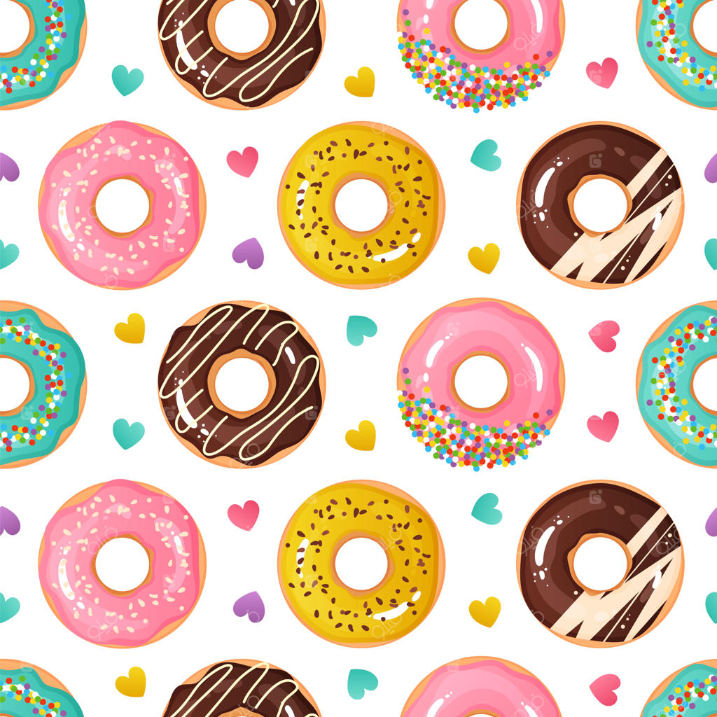 طرح بدون درز دونات: بافت شیرینی‌های خوشمزه، دونات‌های کارتونی لعاب‌دار و قلب‌های رنگارنگ، کاغذ کادو بامزه و قالب پس‌زمینه وکتور