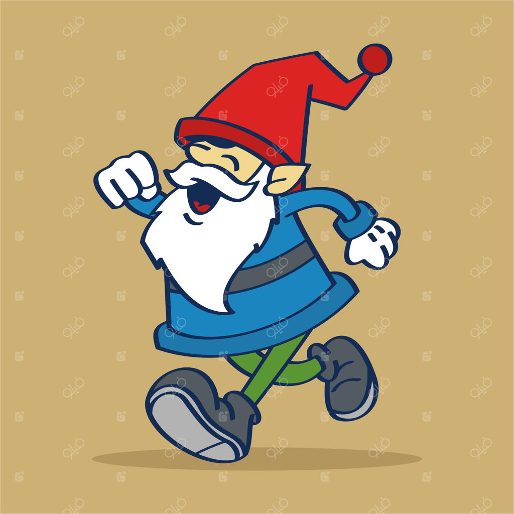 طرح کارتونی از یک کوتوله با لباس و کلاه آبی در حال دویدن به سبک نقاشی دستی وینتیج