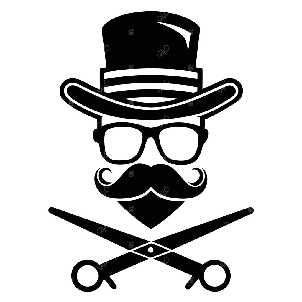 طراحی لوگوی شیک آرایشگاه با کلاه، عینک، سبیل و قیچی