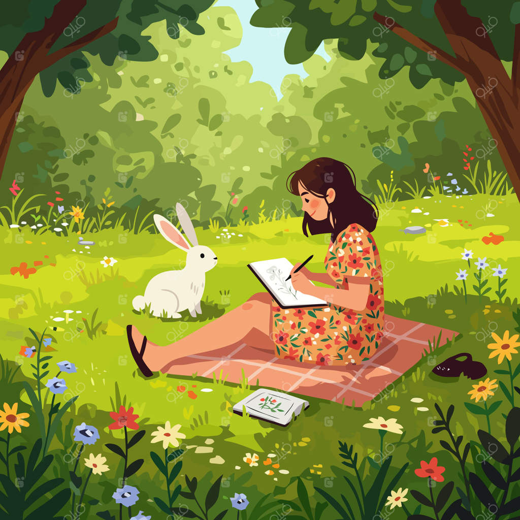 نقاشی گل‌ها توسط زن در کنار خرگوش در باغ