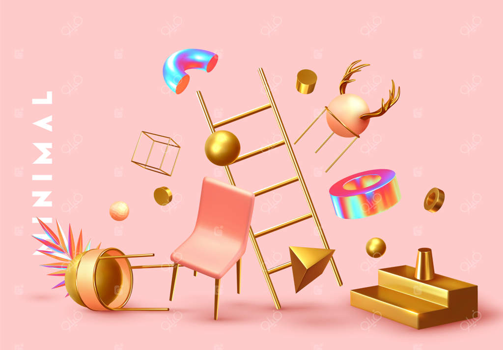 پس‌زمینه‌ی هرج‌ومرج با اشیاء سه‌بعدی. اشکال هندسی واقع‌گرایانه. طراحی آشفته.