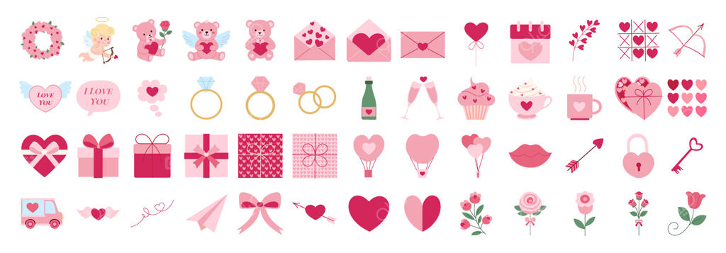 مجموعه‌ای از آیکون‌های صورتی شامل قلب، خرس عروسکی، کاپ‌کیک، حلقه، دسته‌گل، کلید، فنجان و گلدان
