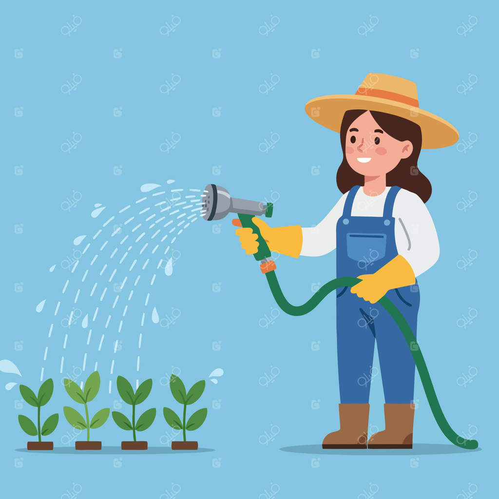 باغبان در حال آب دادن به گیاهان با شلنگ در روز آفتابی