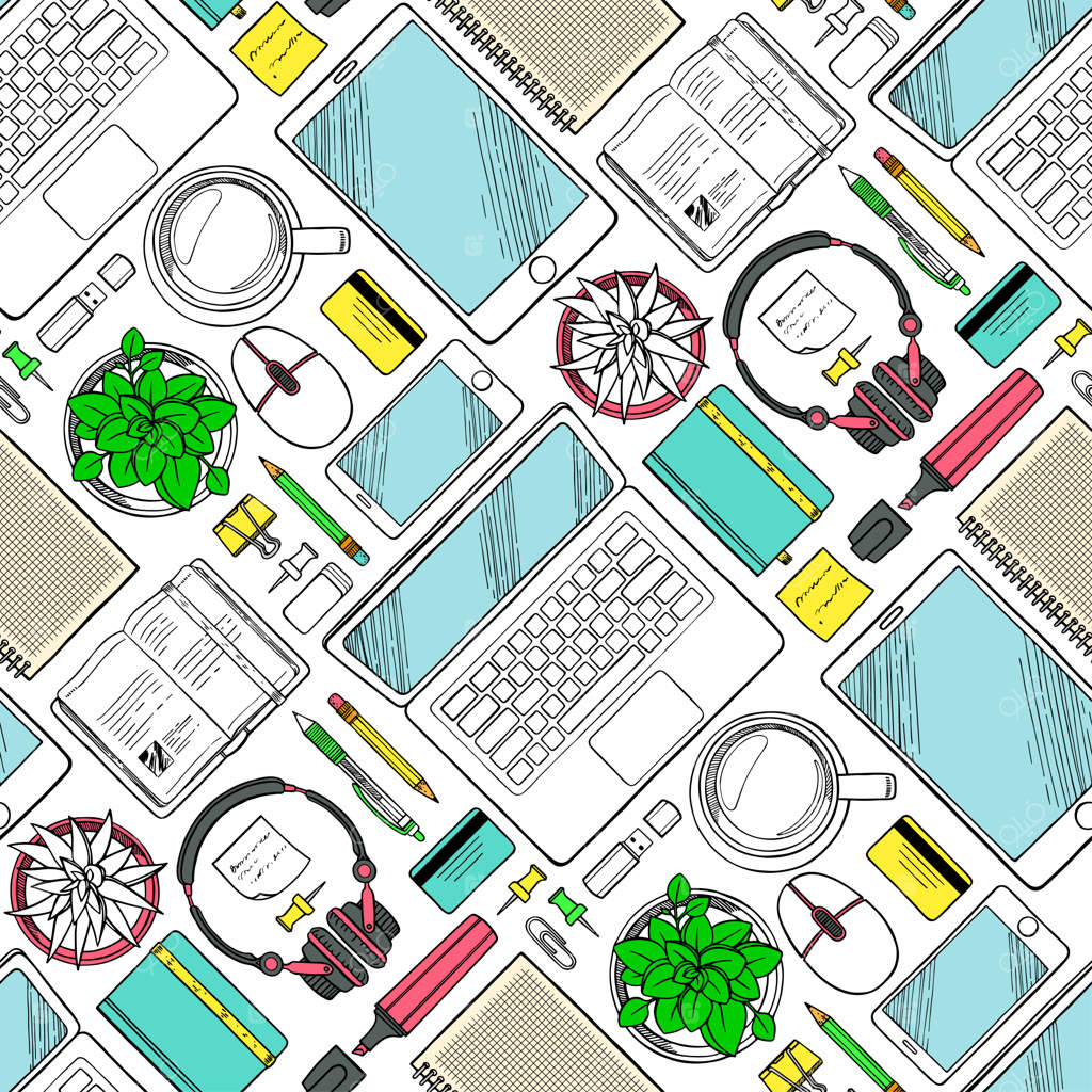 طرح یکپارچه با عناصر دستی از کار و تجارت از بالا. پس زمینه طرح میز کار