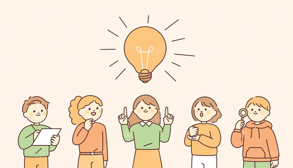 مردم در حال جمع شدن و ایده‌پردازی هستند و به لامپ بزرگی که بالای سرشان است نگاه می‌کنند. طرح ساده وکتور.