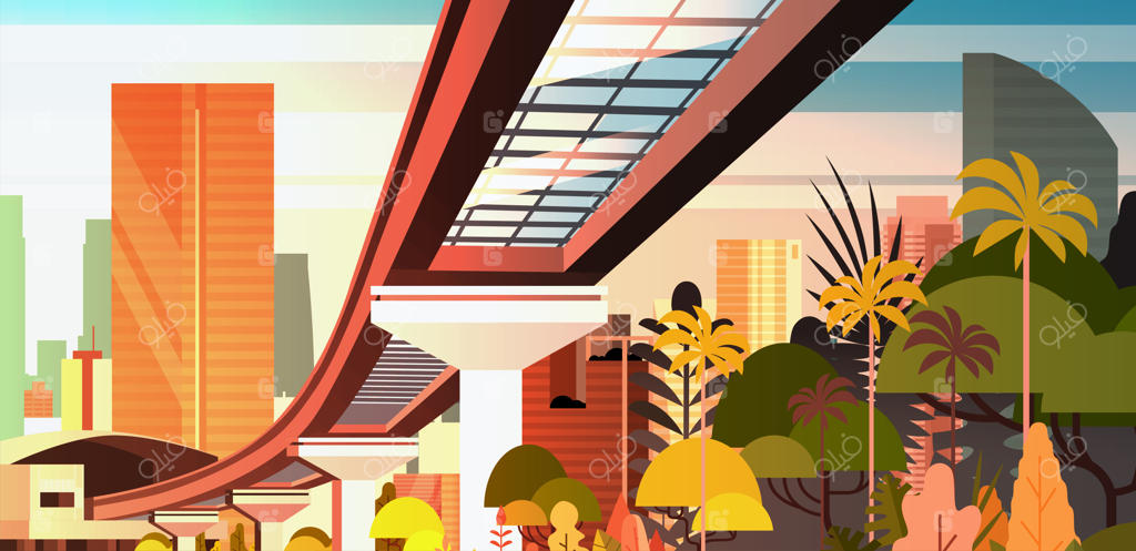 افق شهر در غروب با آسمان‌خراش‌های مدرن و چشم‌انداز راه‌آهن شهری