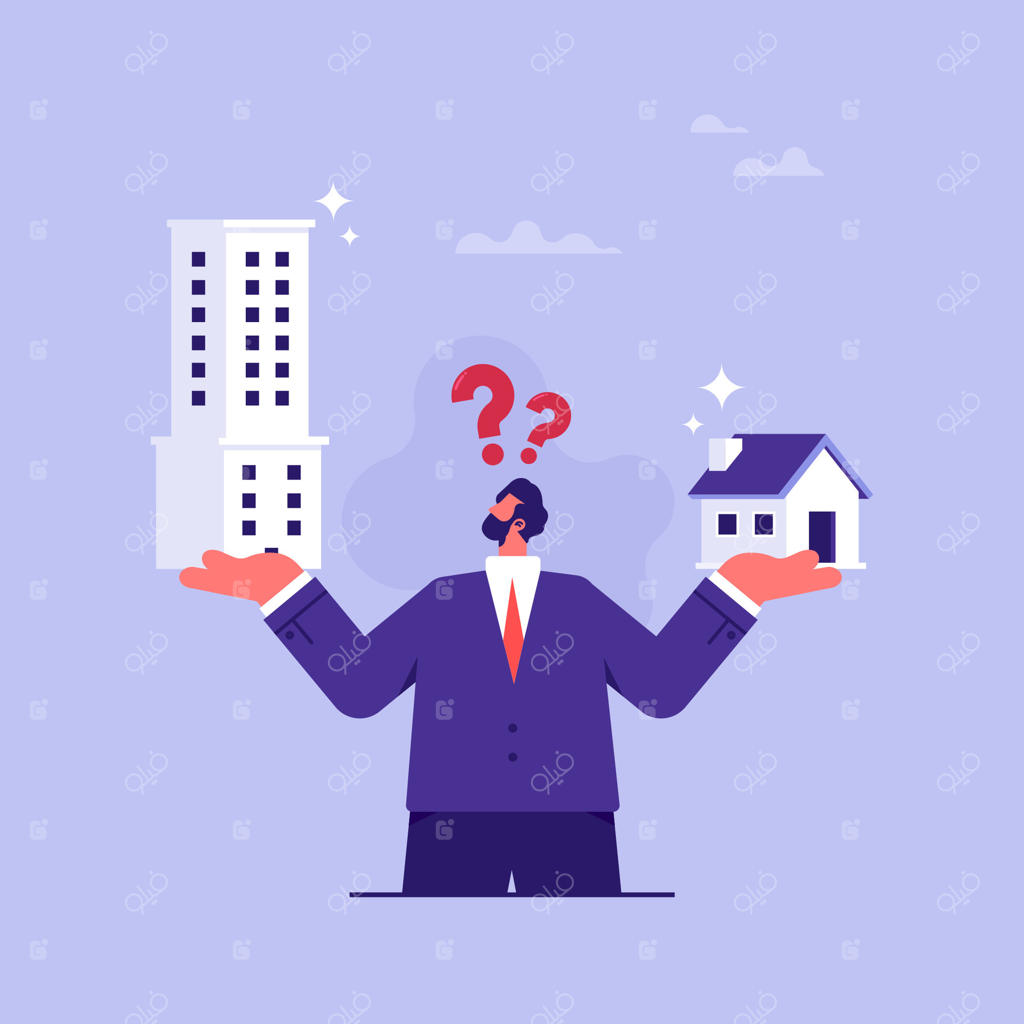 مرد در حال تفکر برای انتخاب ملک و تصمیم‌گیری بین اجاره آپارتمان یا خرید خانه