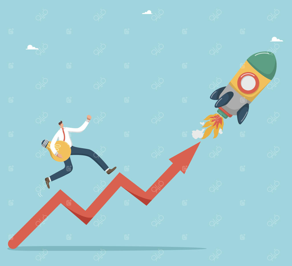 ایده‌های ناب برای دستیابی به دستاوردهای بزرگ: نوآوری کلید موفقیت است. صعود سریع در نردبان شغلی با خلاقیت و ایده‌پردازی؛ مردی با لامپ روشن در حال دویدن بر روی یک پیکان.