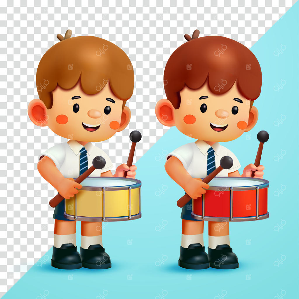 پسر مدرسه‌ای در حال نواختن درامز - سه‌بعدی، مناسب برای آموزش و عناصر طراحی