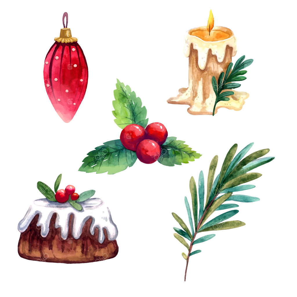 ست کریسمس با شاخه درخت، اسباب‌بازی، شمع‌ها، گیاه هولی و کیک کریسمس