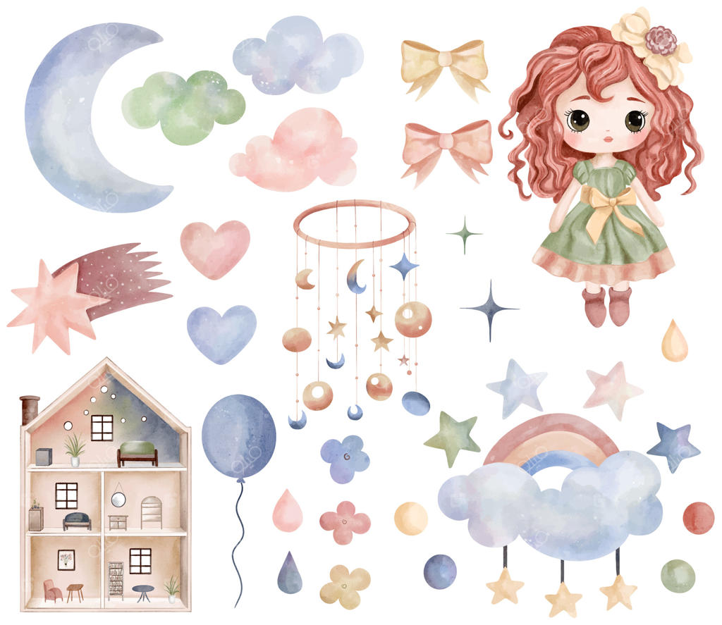 عروسک‌های آبرنگی، خانه عروسک و عروسک‌گردانی. مجموعه‌ای از عناصر نقاشی شده دستی برای اتاق کودک، ابرها، ماه، رنگین‌کمان و ستاره‌ها