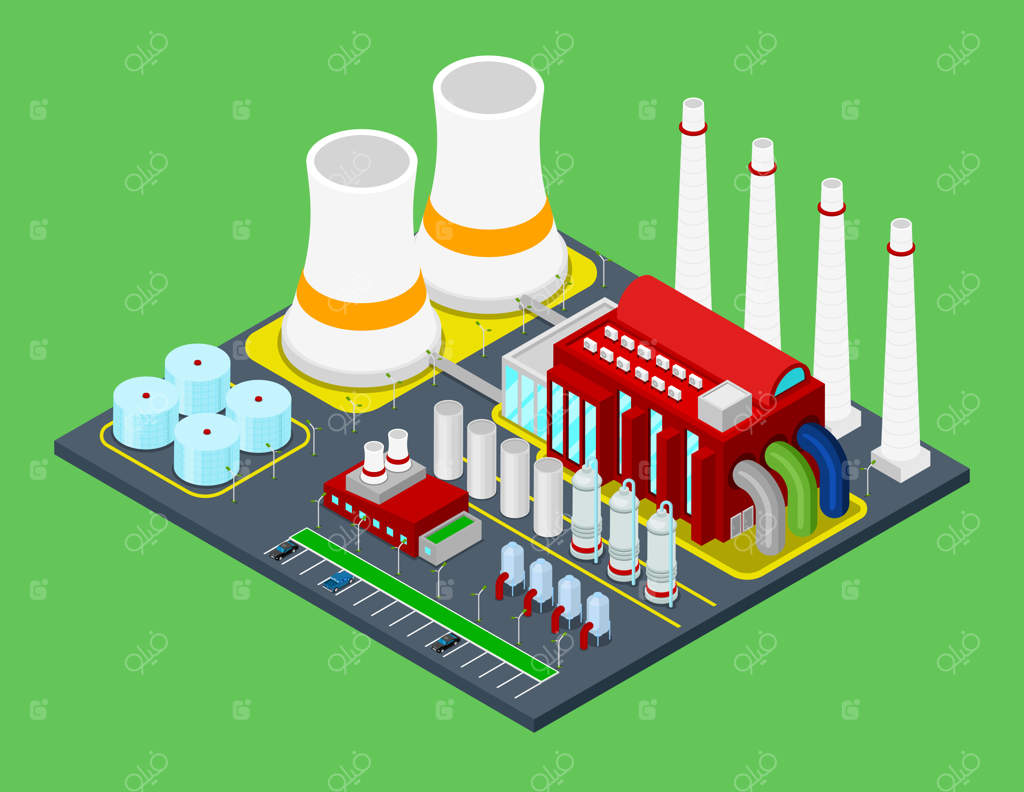 ساختمان ایزومتریک کارخانه صنعتی با لوله‌ها در شهر شهری