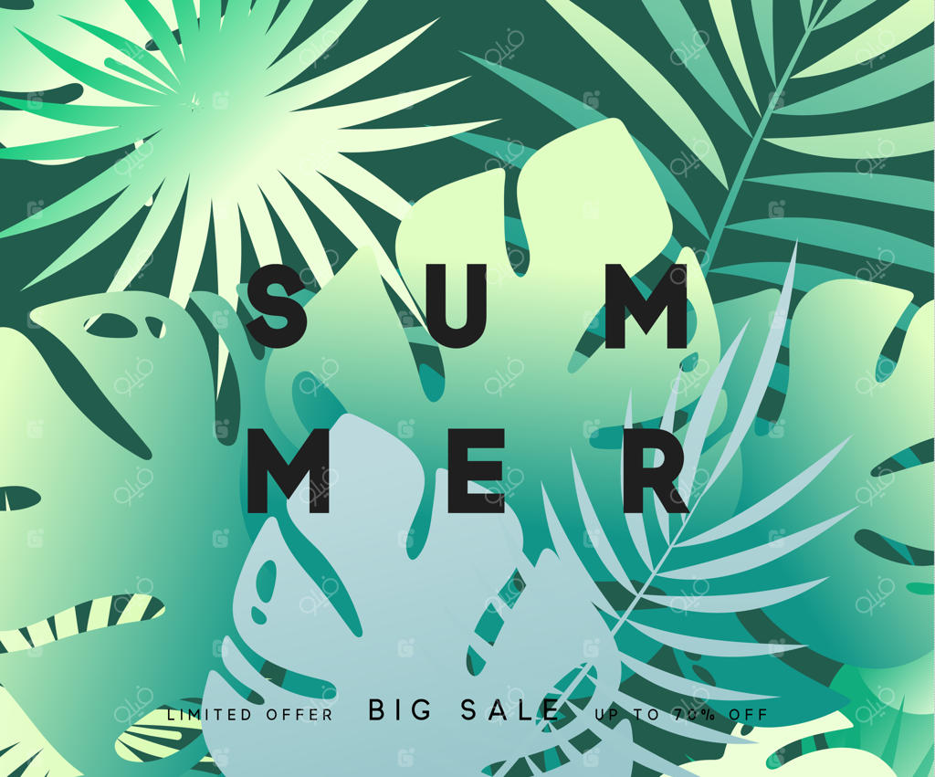 بنر تابستانی با پس‌زمینه گرمسیری: پوستر طراحی شده با برگ‌ها برای فصل تابستان