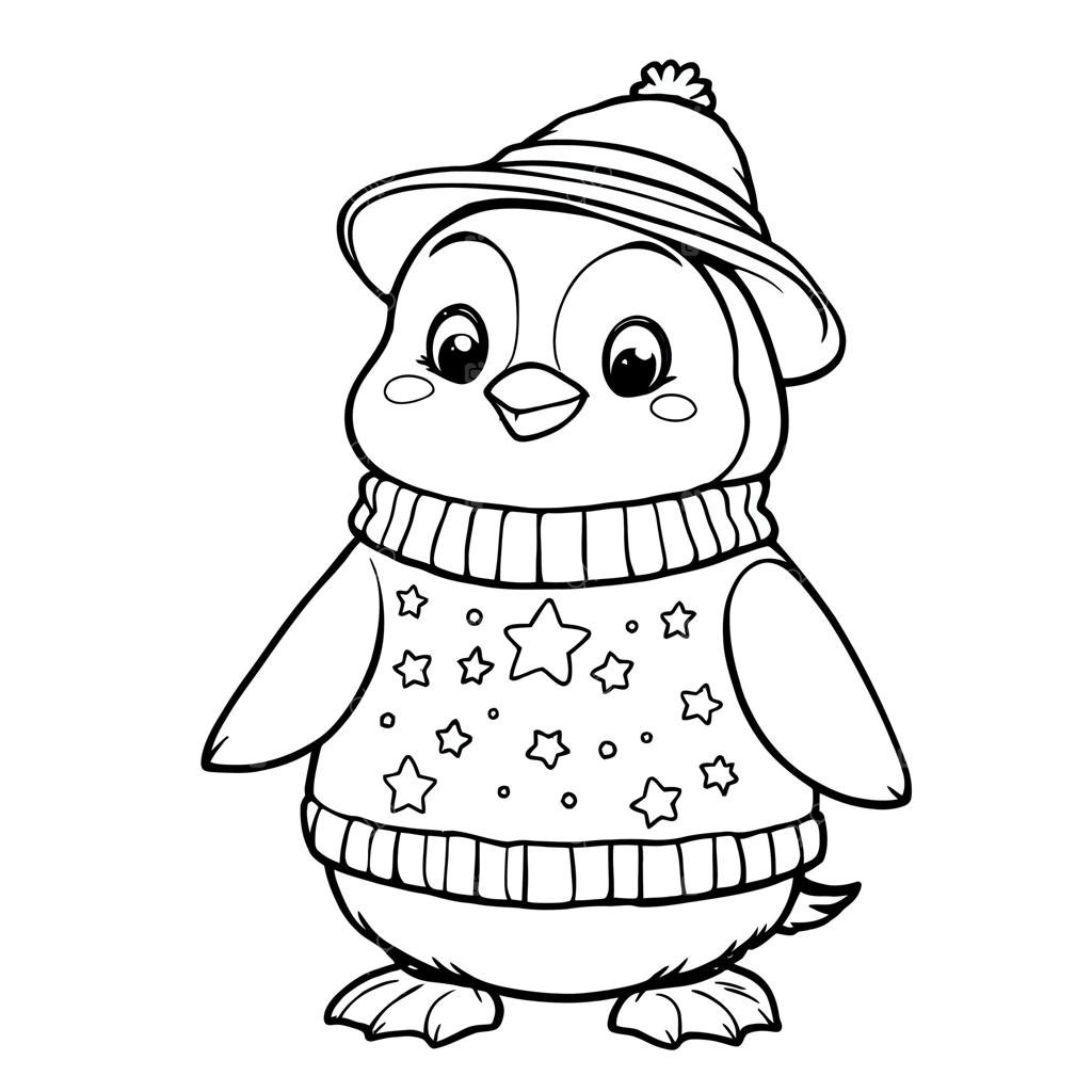 پنگوئن بامزه با پلیور و کلاه گرم برای صفحه کتاب رنگ‌آمیزی