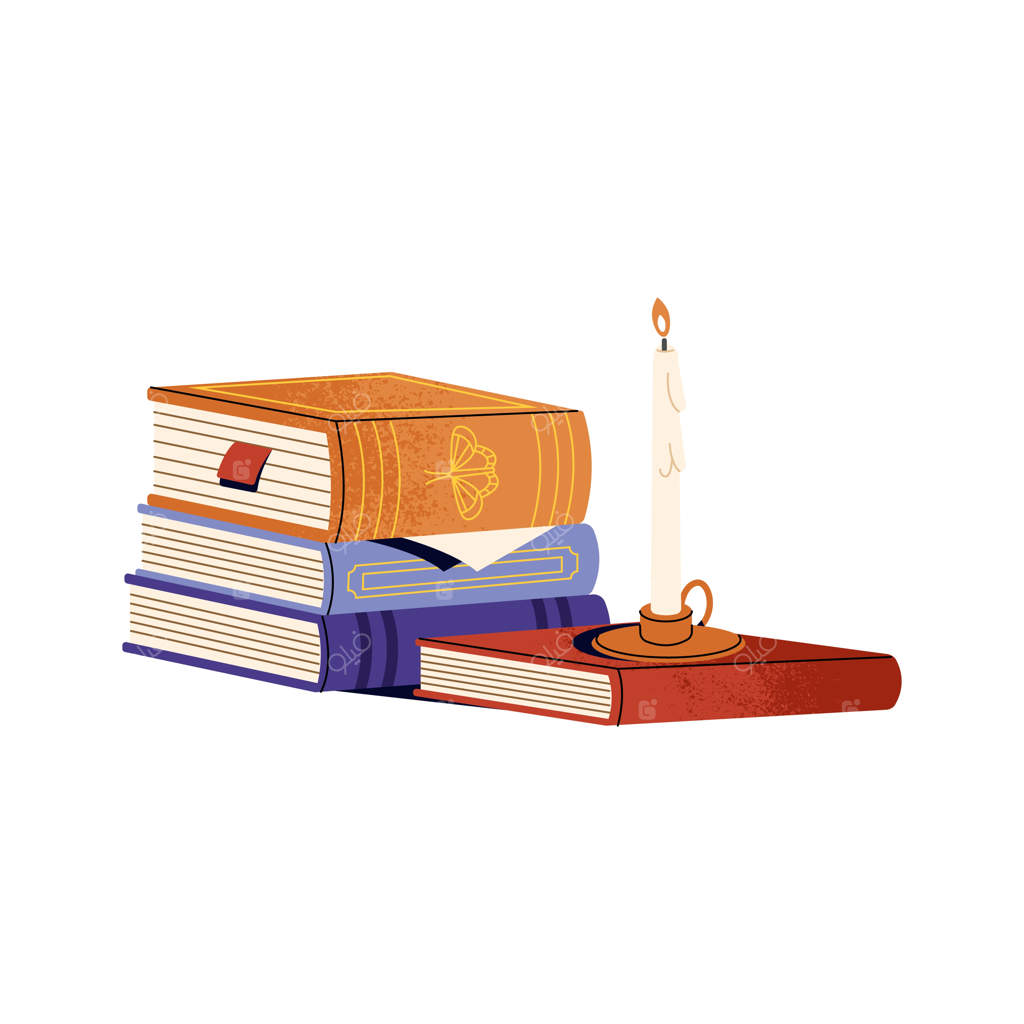 کتاب‌های کاغذی روی هم با شمعدان قدیمی: مجموعه‌ای از رمان‌ها با شمع، انبوهی از داستان‌های ضخیم با جلدهای تزئین شده در کتابخانه خصوصی خودتان. برچسب کتابخوانی. تصویر برداری تخت و ایزوله روی پس‌زمینه سفید.