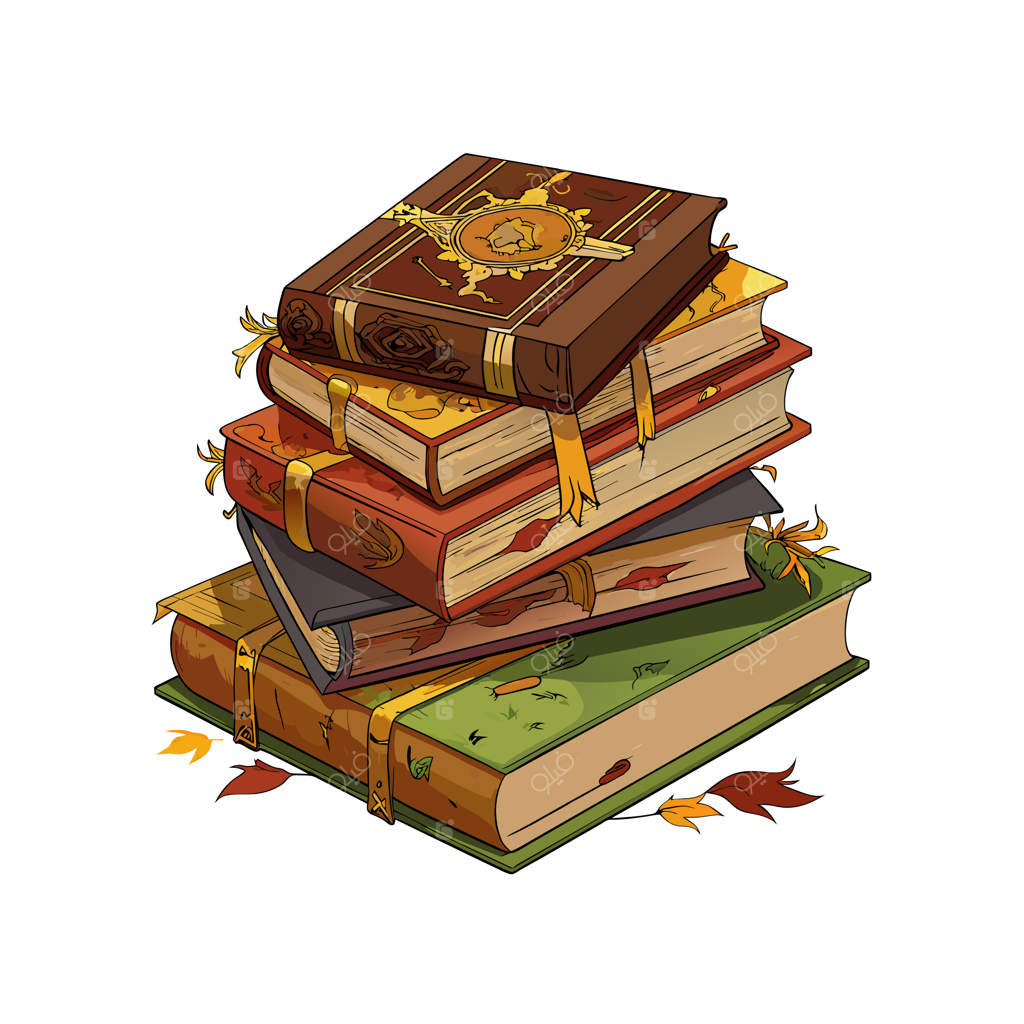 یک دسته کتاب با روبان طلایی در بالا