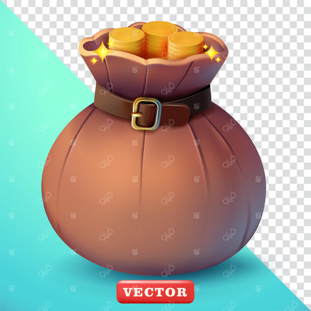 کیسه‌ای پر از سکه‌های طلای درخشان، سه‌بعدی. مناسب برای عناصر مالی، تجاری و طراحی