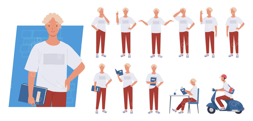 مجموعه شخصیت‌های مرد جوان: دانشجو با کتاب، سواری با اسکوتر، حالت‌ها و احساسات مختلف.