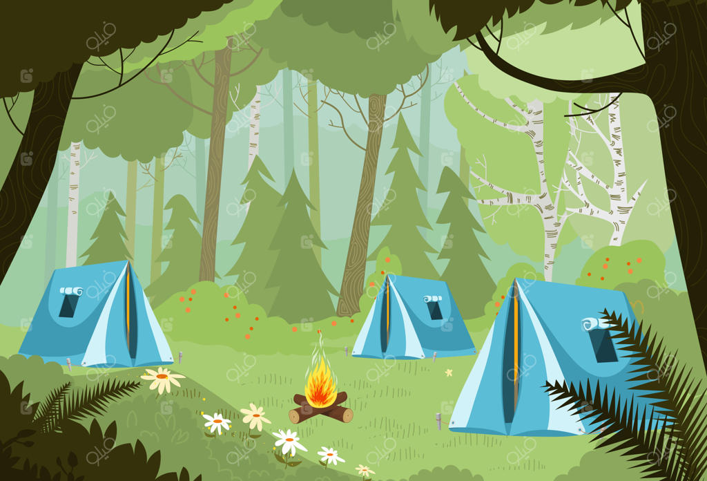 تصویرسازی وکتور کمپ چادری در جنگل تابستانی با آتش؛ طرح مفهومی طبیعت، گردشگری و ماجراجویی برای سفر و پیاده‌روی