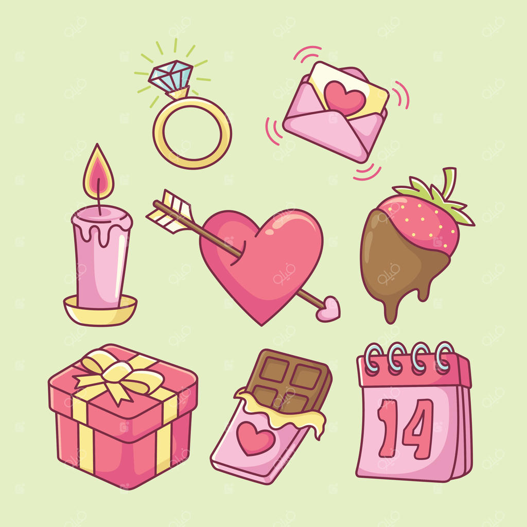 طرح وکتور تزیینات و هدیه جشن روز ولنتاین، عشق و عاشقی در ماه فوریه