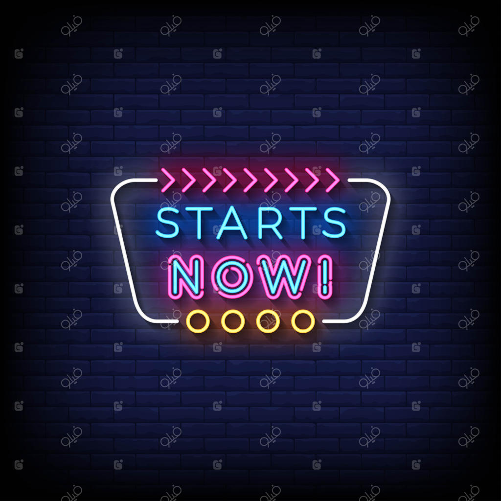 وکتور تابلو نئون با نوشته Starts Now و پس‌زمینه دیوار آجری