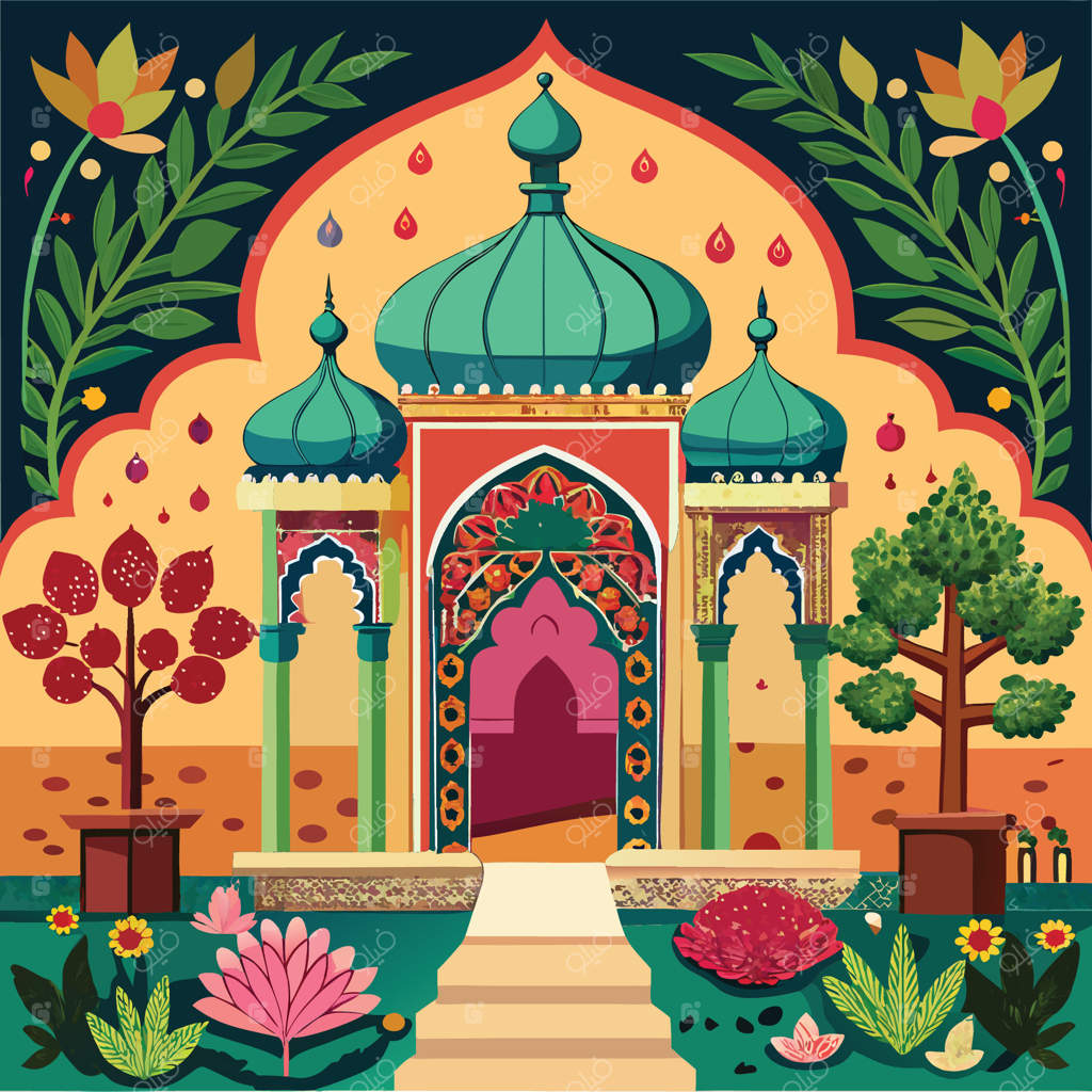 باغ تزئینی مغولی با درخت باشکوهی به شکل طاووس و نقاشی‌های ظریف بر روی دیوارها