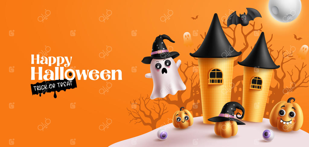 طراحی بنر وکتور تبریک هالووین با نوشته "هالووین مبارک" و قصر تسخیر شده