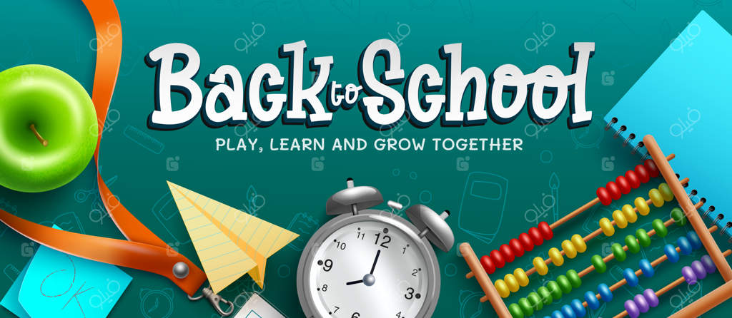طراحی پس‌زمینه بازگشت به مدرسه با متن و نقاشی چرتکه و ساعت زنگ‌دار