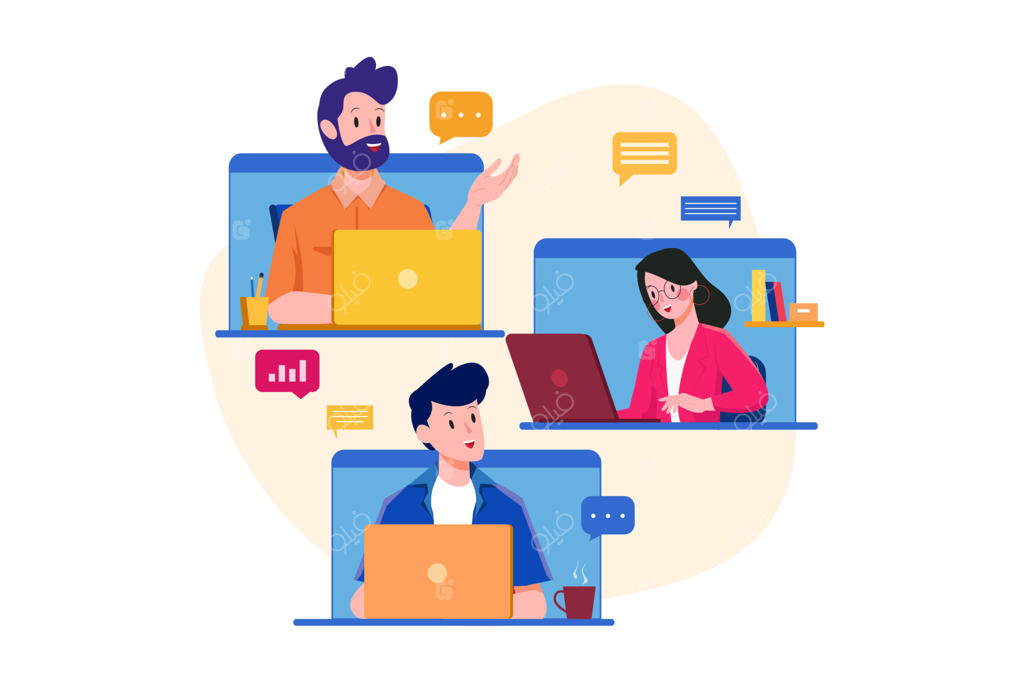 تصویرسازی مفهومی جلسه آنلاین افراد کسب‌وکار؛ طرح فلت با پس‌زمینه سفید.