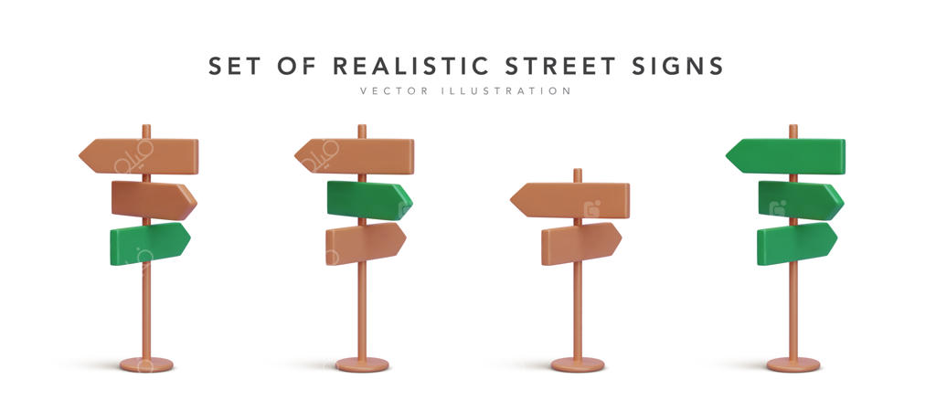 مجموعه‌ای از علائم خیابانی سه‌بعدی با سایه بر روی پس‌زمینه سفید - تصویر وکتور