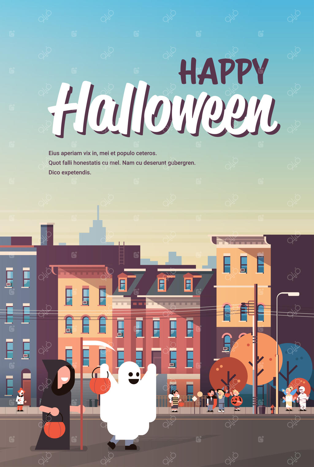 پوستر: کودکانی با لباس‌های هیولا، روح و فرشته مرگ در حال قدم زدن در شهر