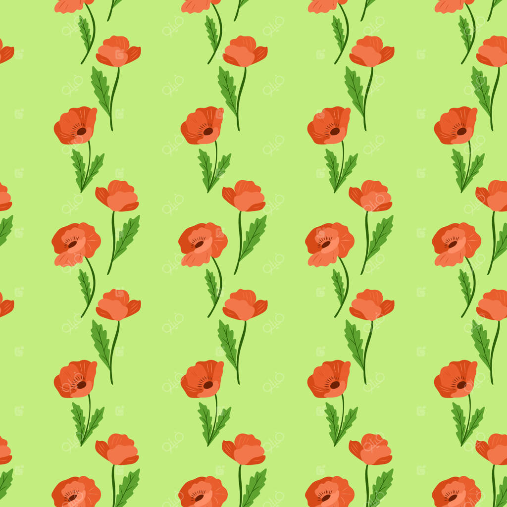 طرح یکپارچه با گل‌های شقایق قرمز و برگ‌های سبز روی زمینه سبز روشن. مفهوم باغ تابستانی، زیبایی طبیعی و طراحی پارچه گلدار.