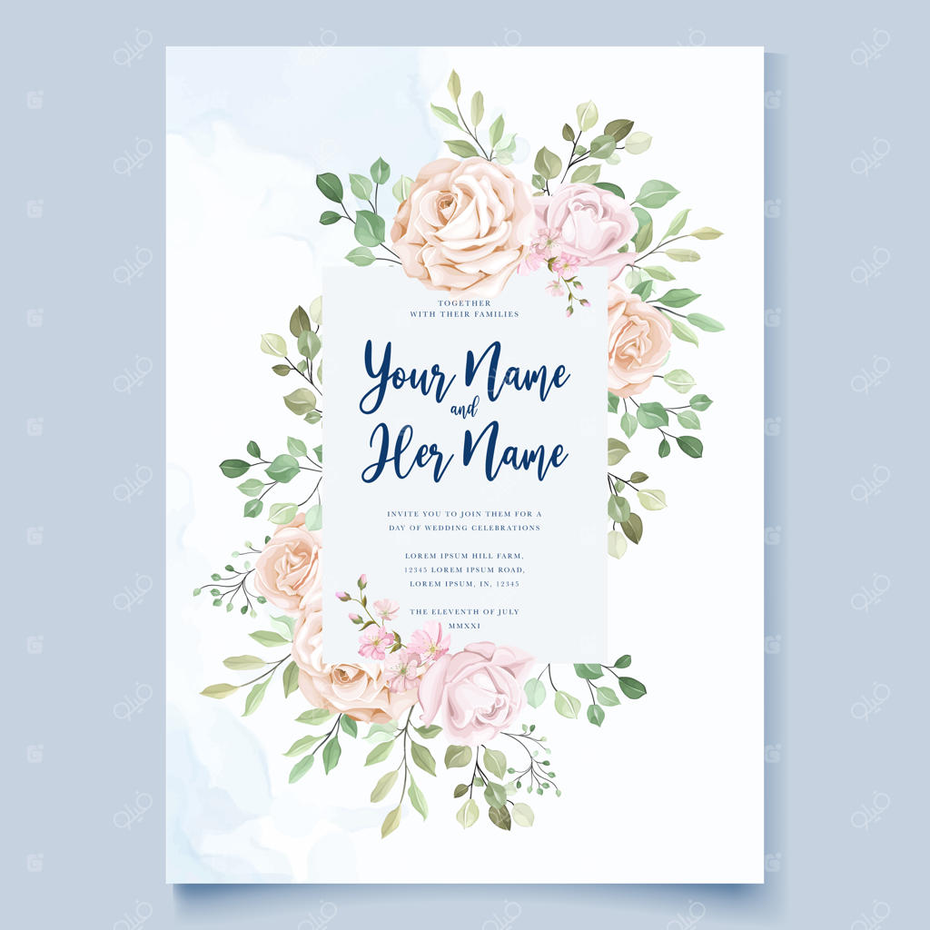 قالب کارت عروسی با حلقه گل آبی زیبا