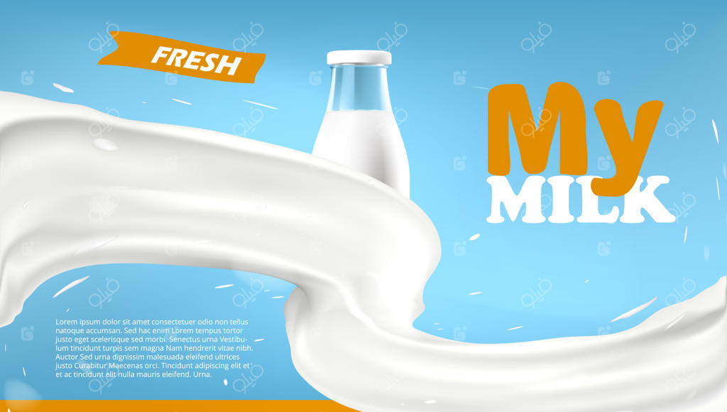 بطری شیشه‌ای واقعی در موج پیچیده شیر روی پس‌زمینه آبی