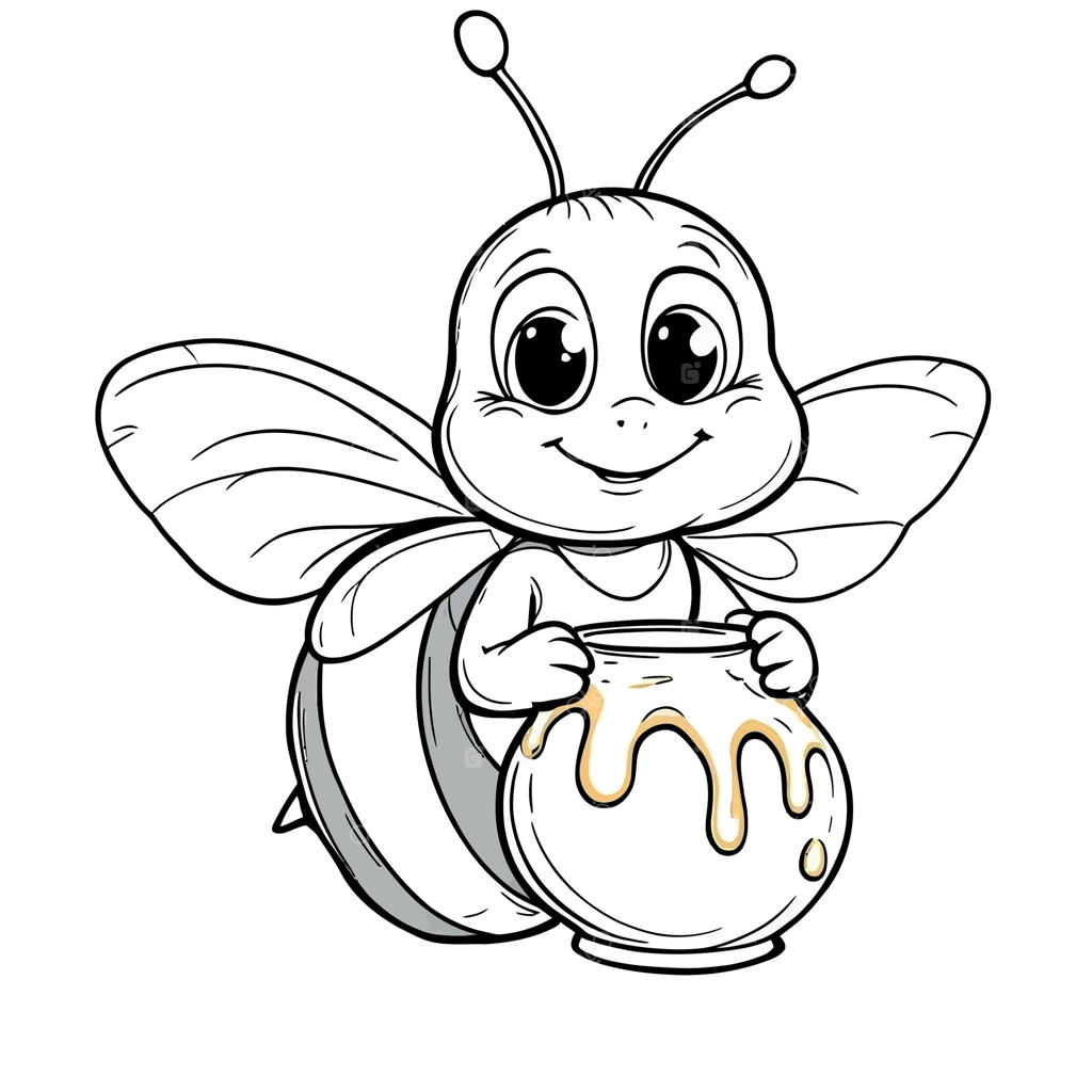 صفحه رنگ‌آمیزی هنری زنبور عسل کارتونی بامزه با ظرف عسل برای فعالیت سرگرم‌کننده کودکان
