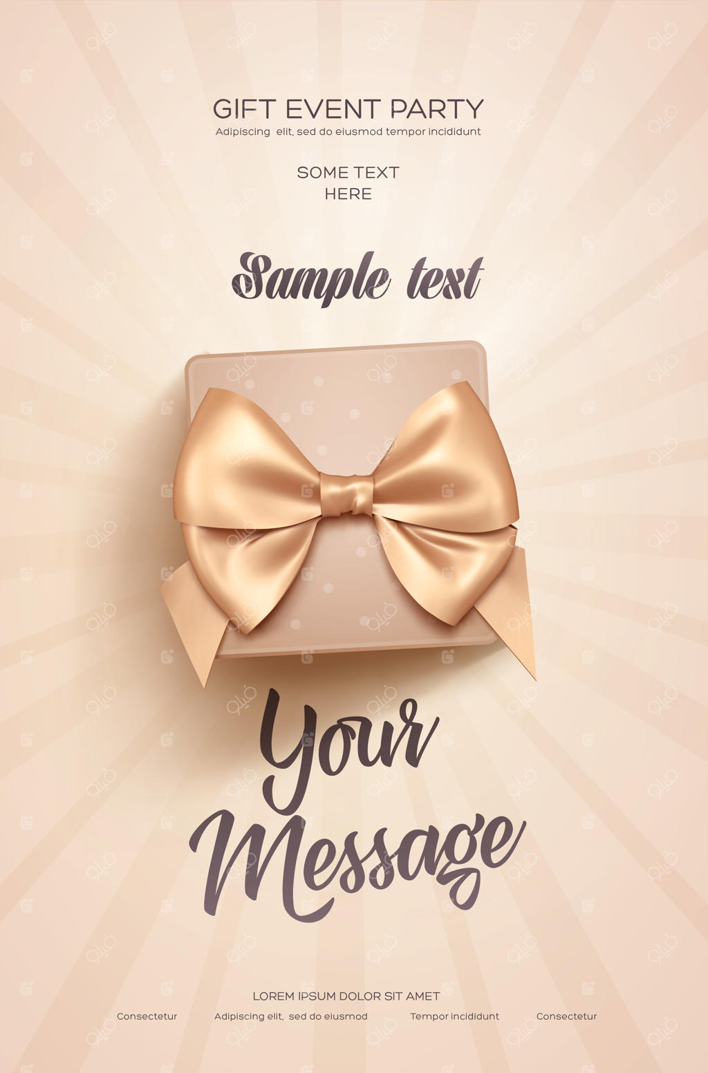 پوستر تبریک جشن هدایا با جعبه کادو بژ و پاپیون طلایی